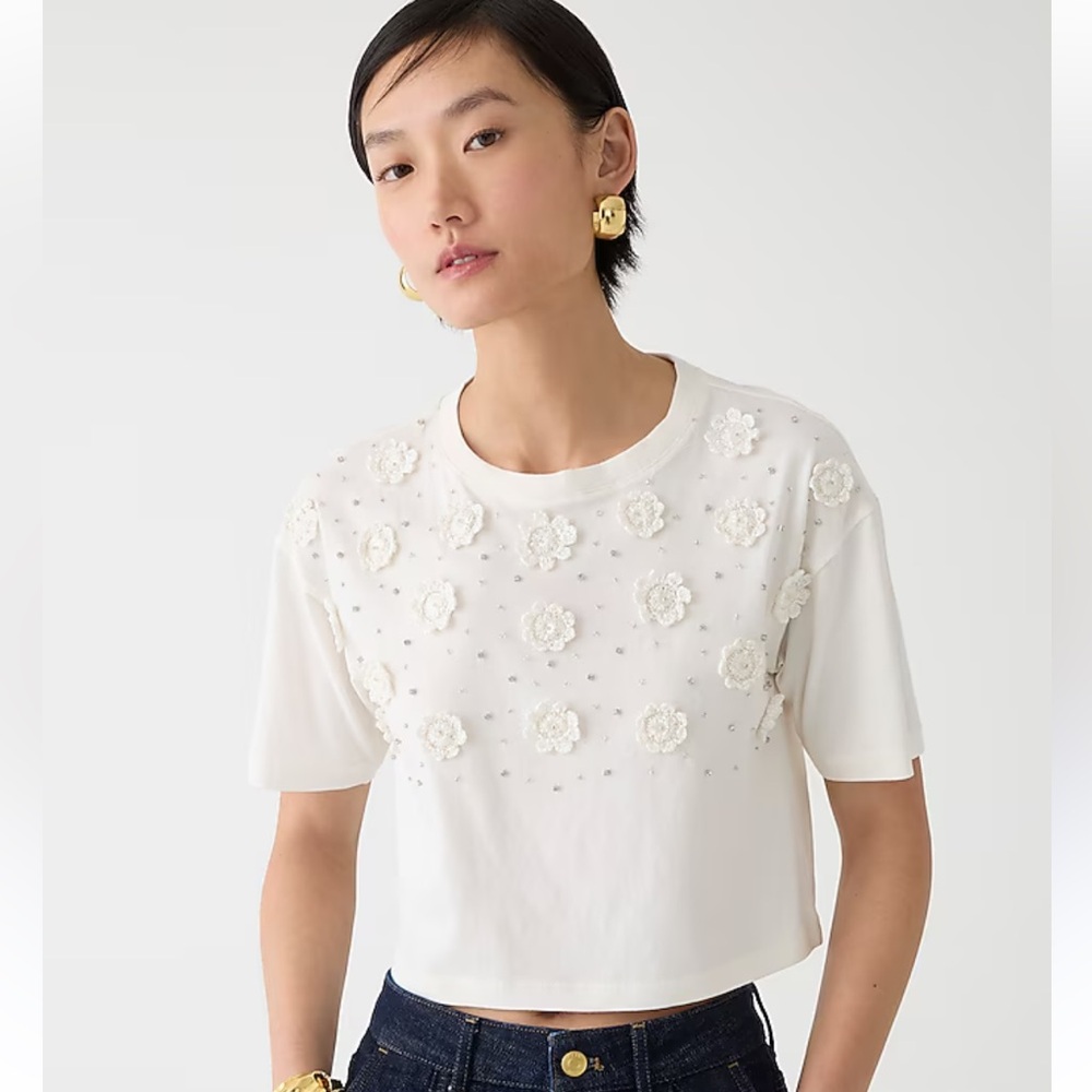 J.Crew Cropped T-shirt with crochet floral appliqués